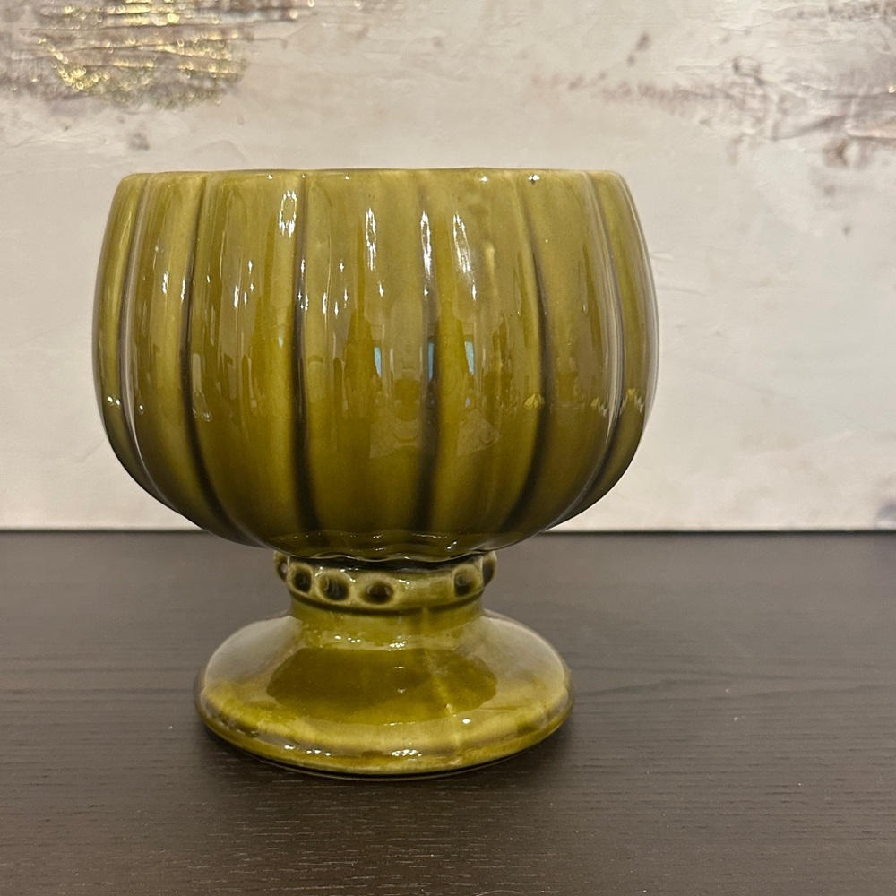 Vintage Olive Green Ceramic Pedestal Bowl Planter Vase 6” # 491 USA VTG